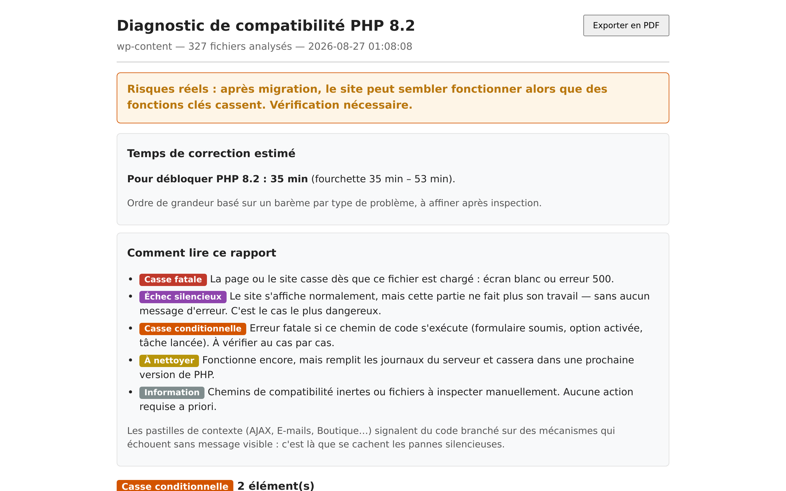 Rapport WP Rescue : verdict global, estimation du temps de correction, légende des gravités