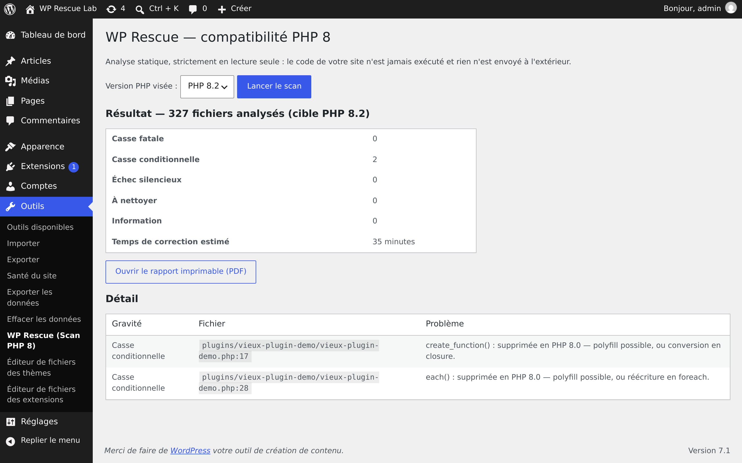 L'écran du scanner dans l'administration WordPress : résumé par gravité et temps de correction estimé